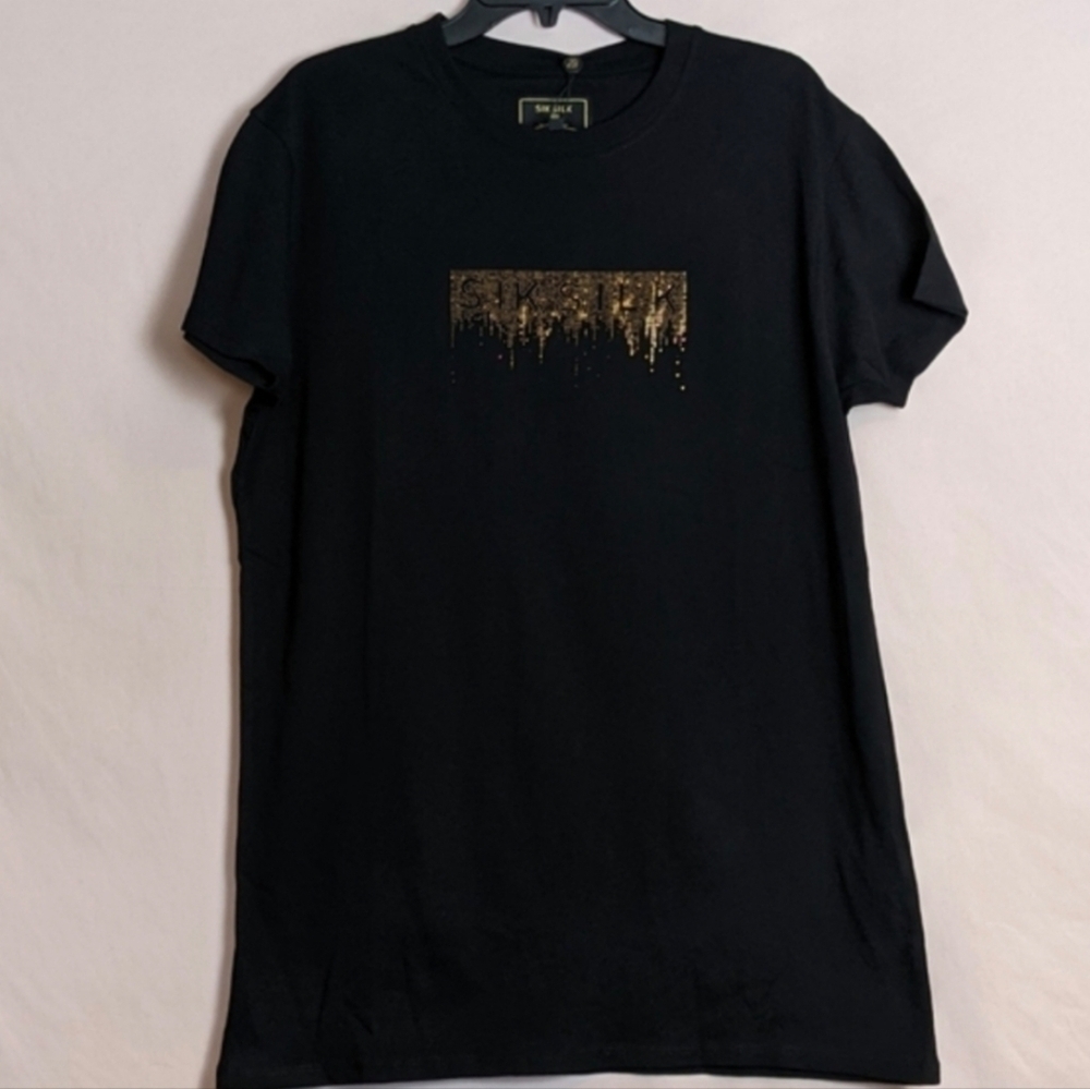 SikSilk Black Short Sleeve Creep Tee with Gold Rhinestones size Large